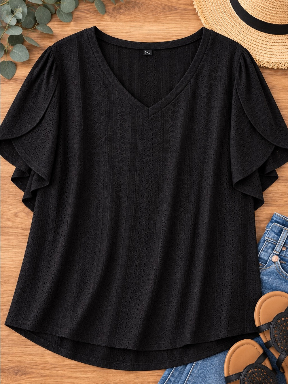 SHEIN Curve Black Eyelet Petal Sleeve Blouse Plus Size 3XL